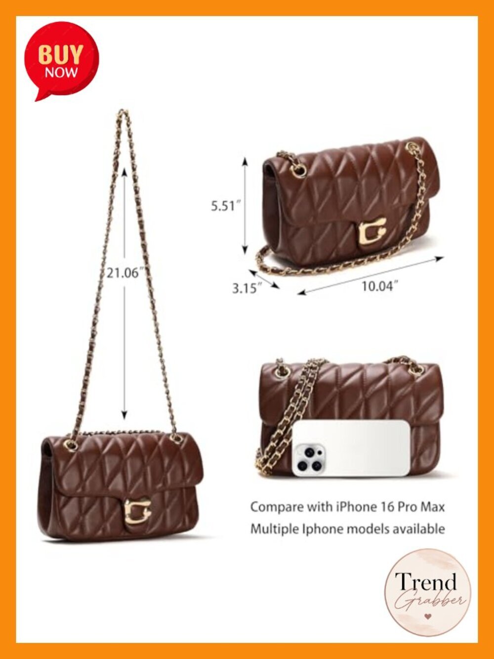 Faux Leather Quilted Crossbody Purse with Chain Strap